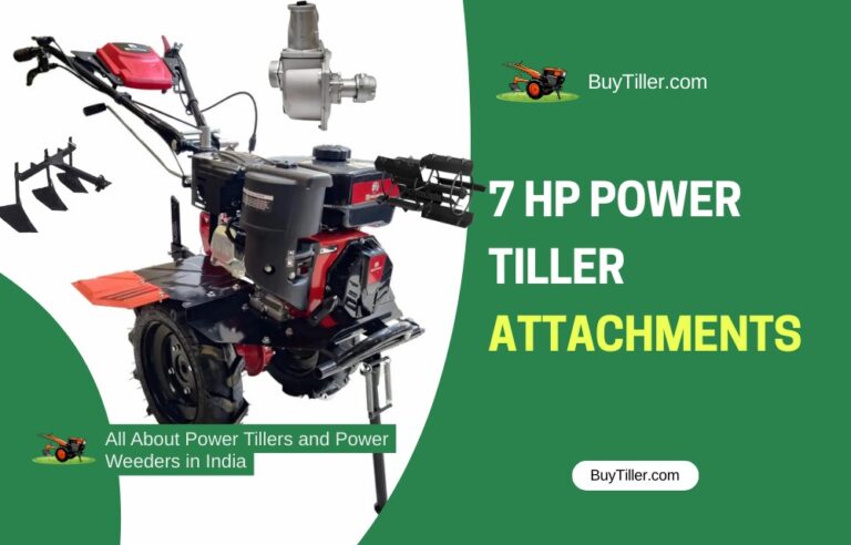 7 HP power tiller attachments including rotavator, plough, ridger, and seed drill